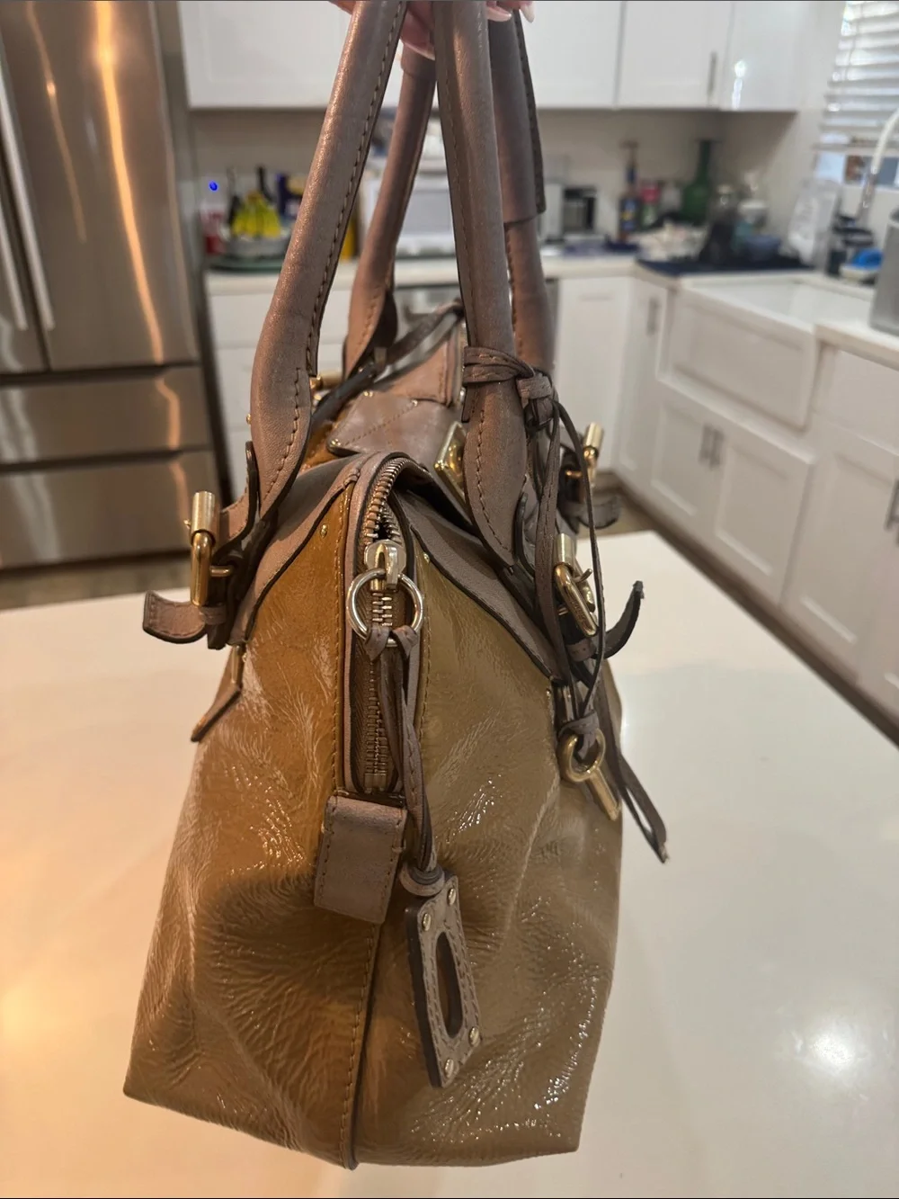 Chloe Olive and Taupe Patent Leather Satchel